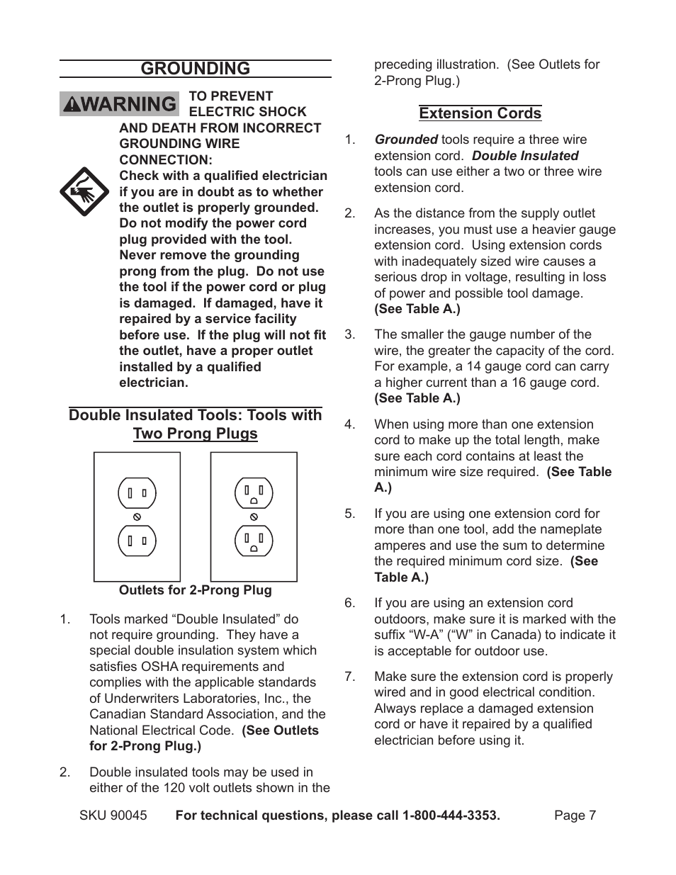 Grounding | Chicago Electric Belt Sander 90045 User Manual | Page 7 / 16