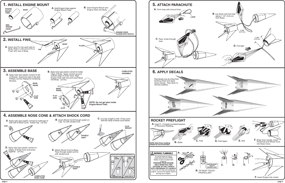 Install engine mount, Assemble base, Install fins | Assemble nose cone & attach shock cord, Apply decals, Rocket preflight, Attach parachute, E. f, D. c. a. c | Estes 0807 - Lucky Seven User Manual | Page 2 / 2