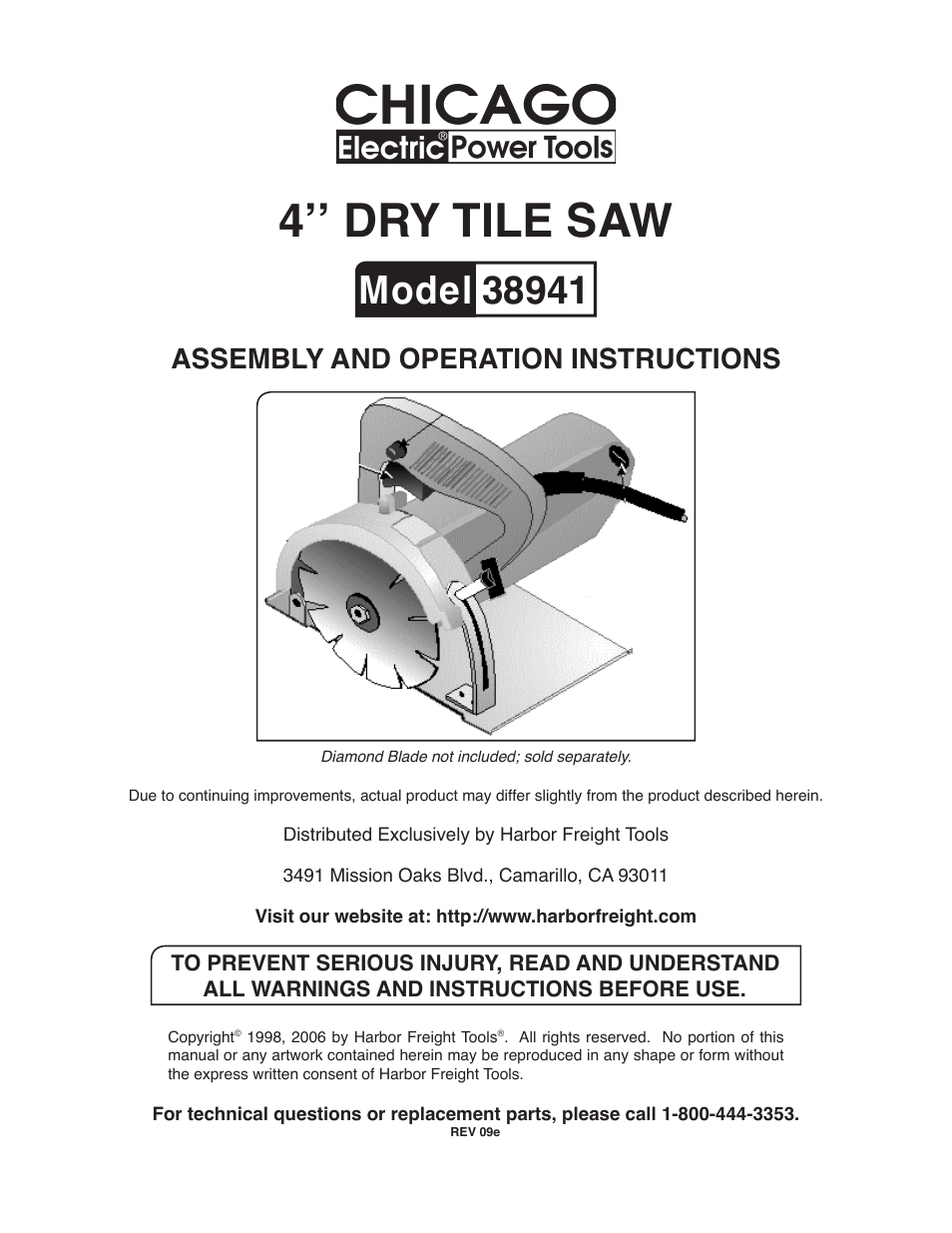 Chicago Electric 4 DRY TILE SAW 38941 User Manual | 13 pages