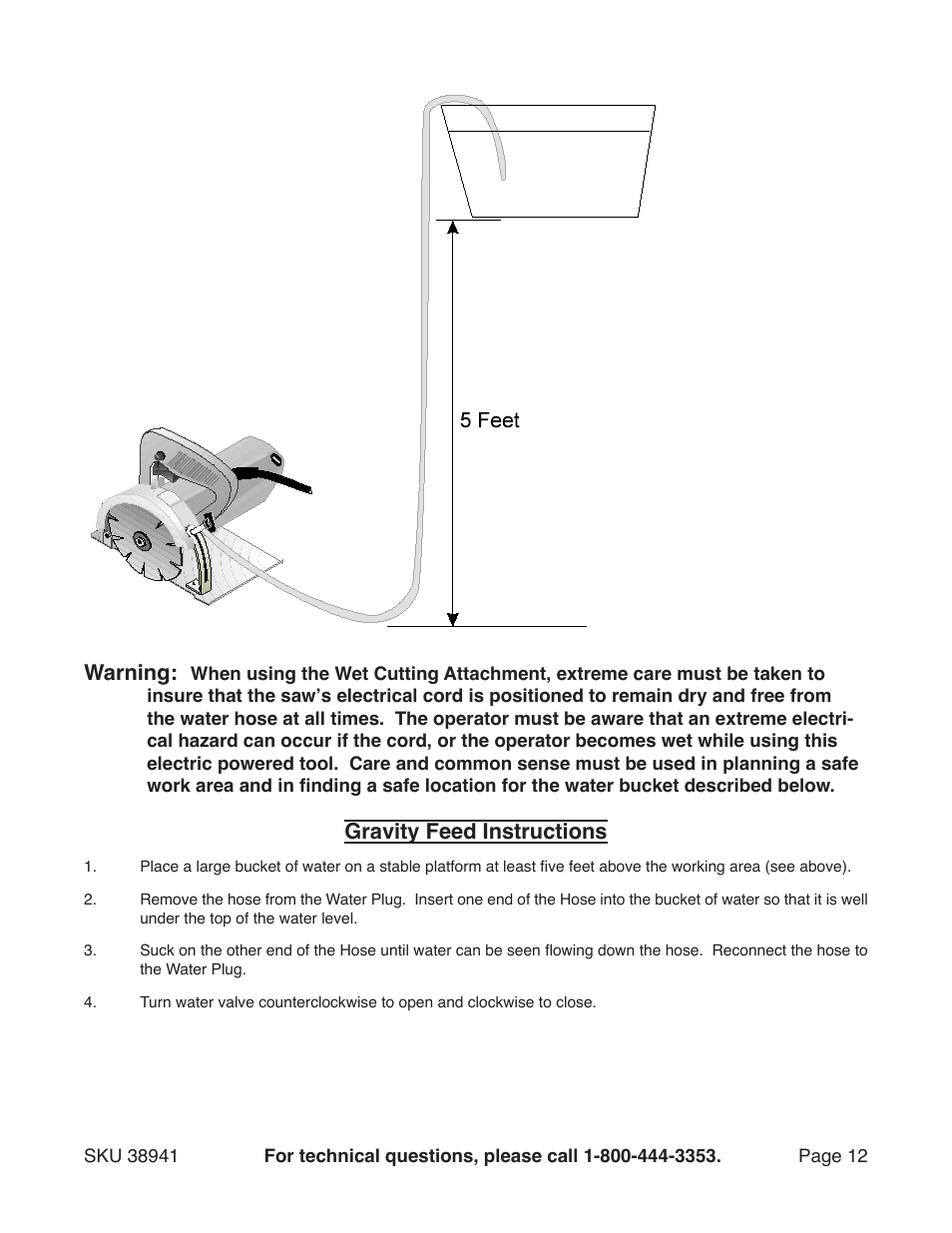 Warning, Gravity feed instructions | Chicago Electric 4 DRY TILE SAW 38941 User Manual | Page 12 / 13