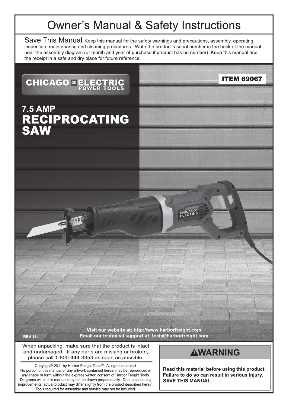 Chicago Electric 7.5 Amp Reciprocating Saw 69067 User Manual | 16 pages
