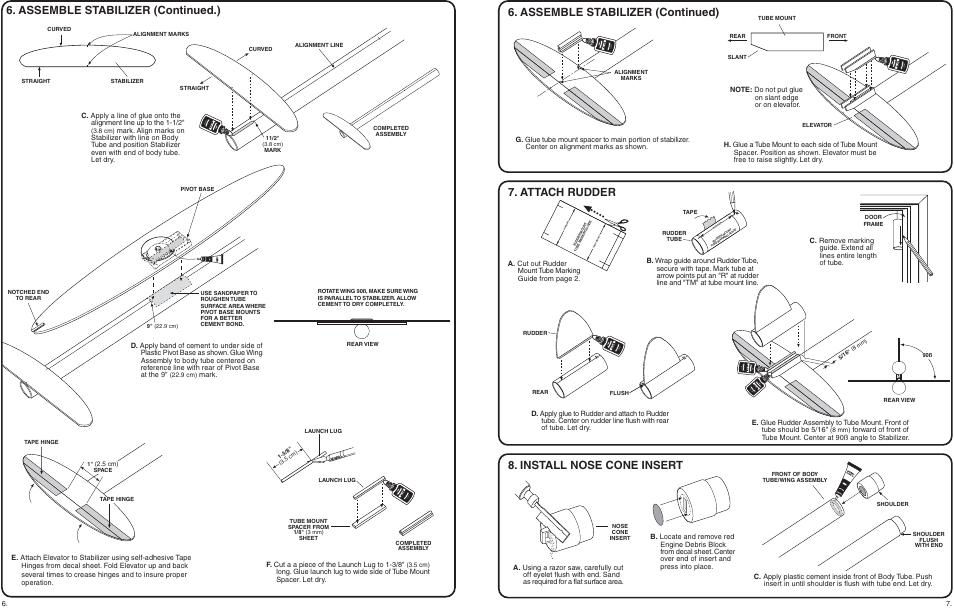 Assemble stabilizer (continued.), Assemble stabilizer (continued), Attach rudder | Install nose cone insert | Estes 1265 – Scissor Wing Transport User Manual | Page 6 / 6