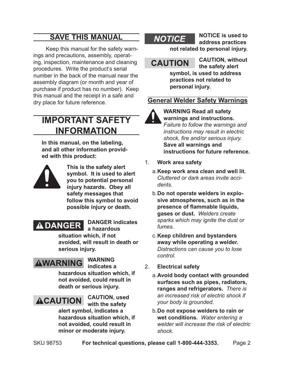 Important safety information, Save this manual | Chicago Electric HARBOR FREIGHT TOOLS 98753 User Manual | Page 2 / 11