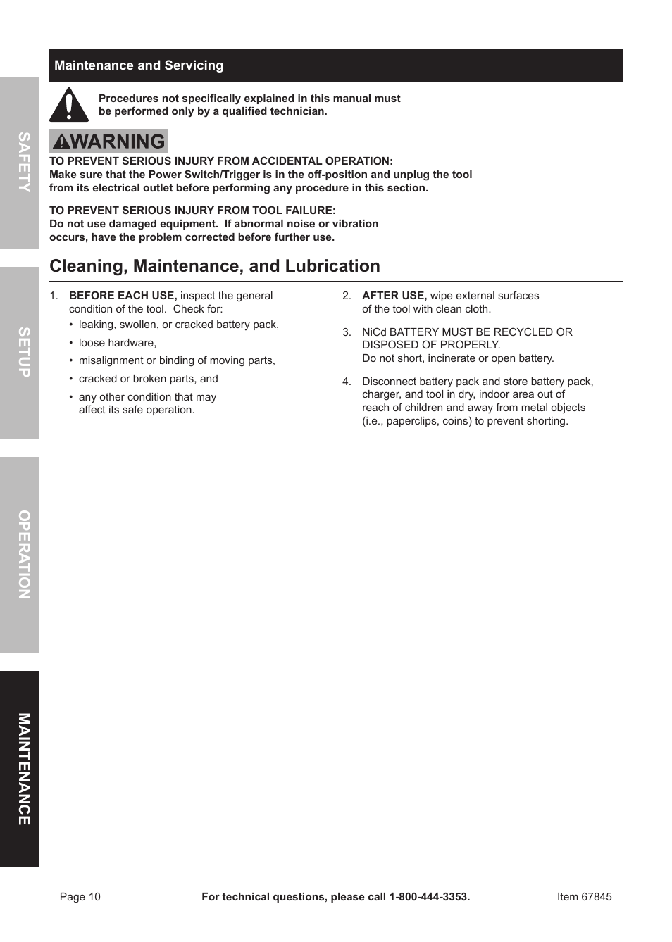 Cleaning, maintenance, and lubrication | Chicago Electric 67845 User Manual | Page 10 / 16