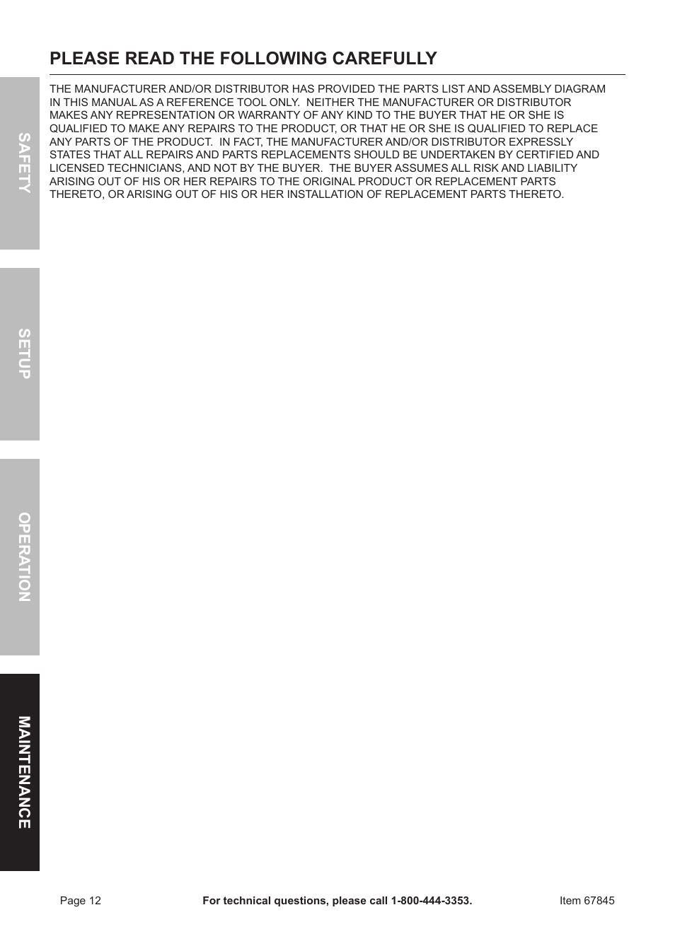 Please read the following carefully | Chicago Electric 67845 User Manual | Page 12 / 16