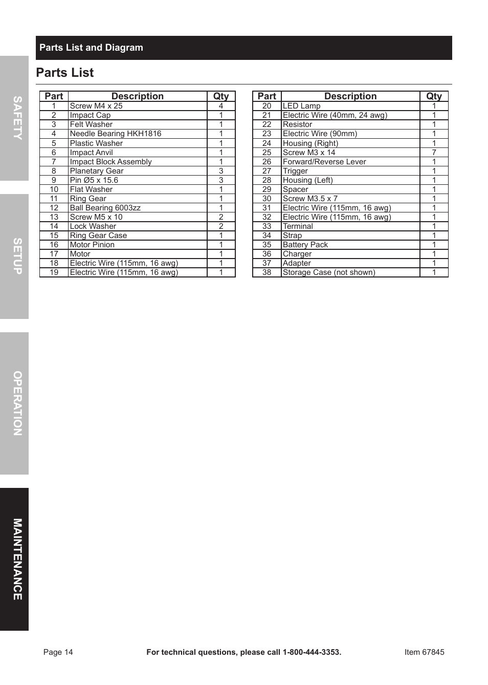 Parts list | Chicago Electric 67845 User Manual | Page 14 / 16