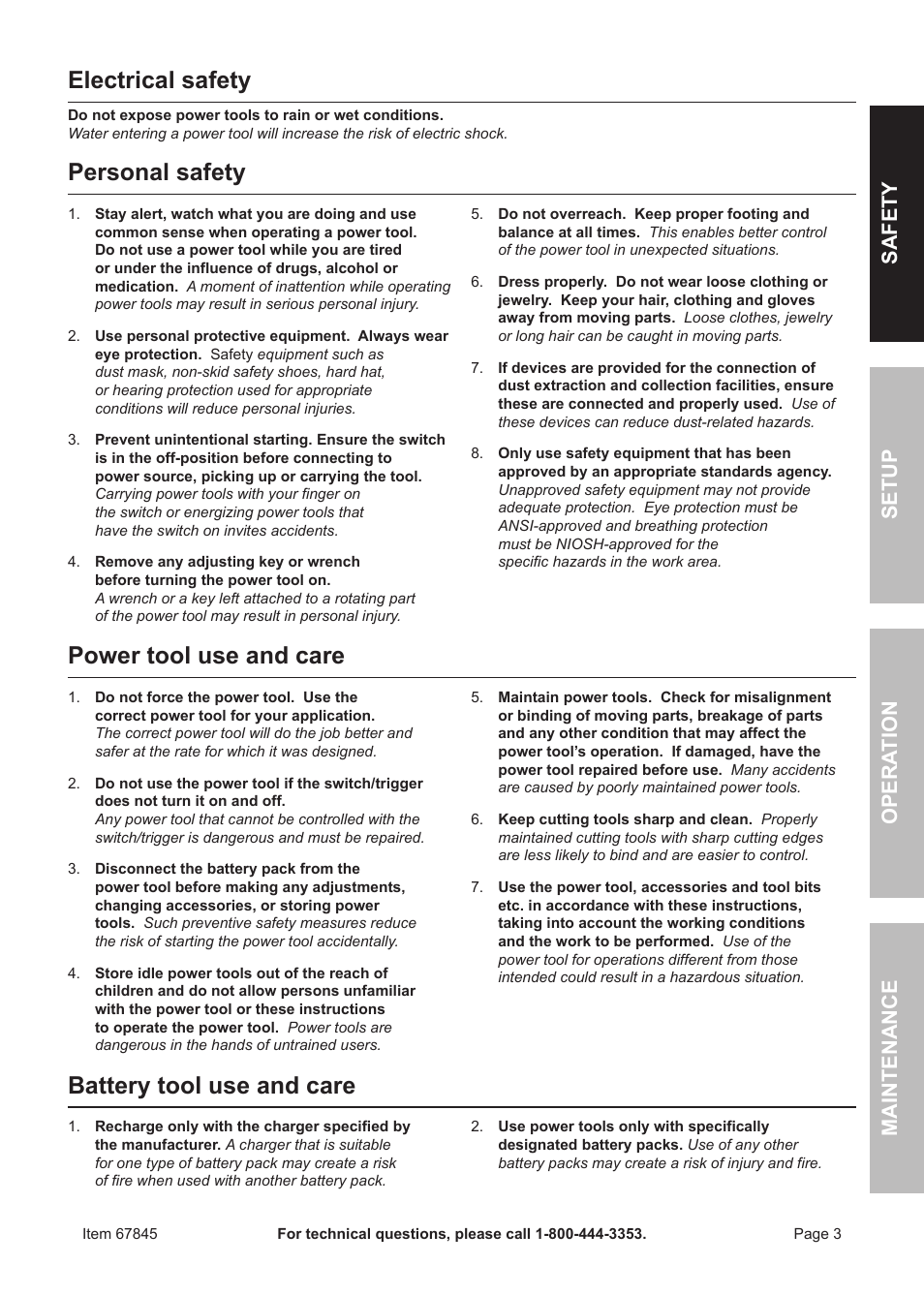 Electrical safety, Personal safety, Power tool use and care | Battery tool use and care | Chicago Electric 67845 User Manual | Page 3 / 16