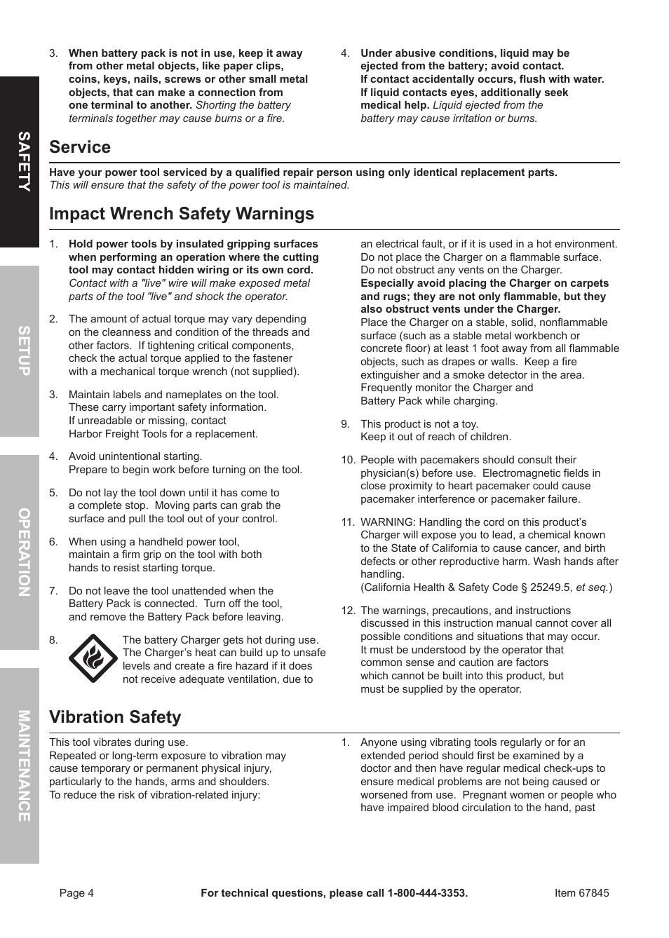 Service, Impact wrench safety warnings, Vibration safety | Chicago Electric 67845 User Manual | Page 4 / 16