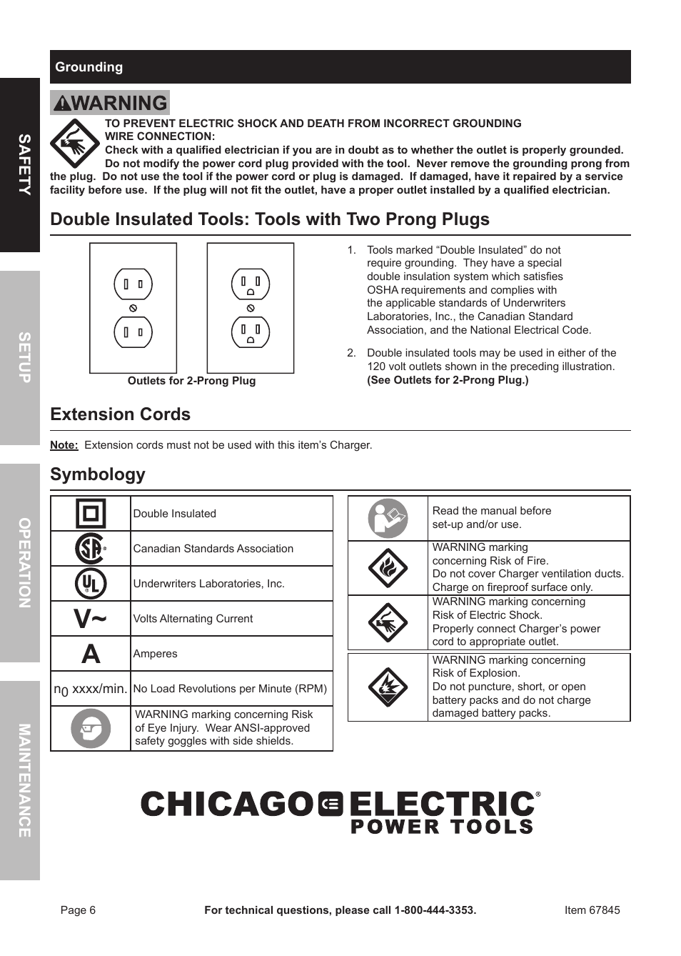 Double insulated tools: tools with two prong plugs, Extension cords, Symbology | Chicago Electric 67845 User Manual | Page 6 / 16