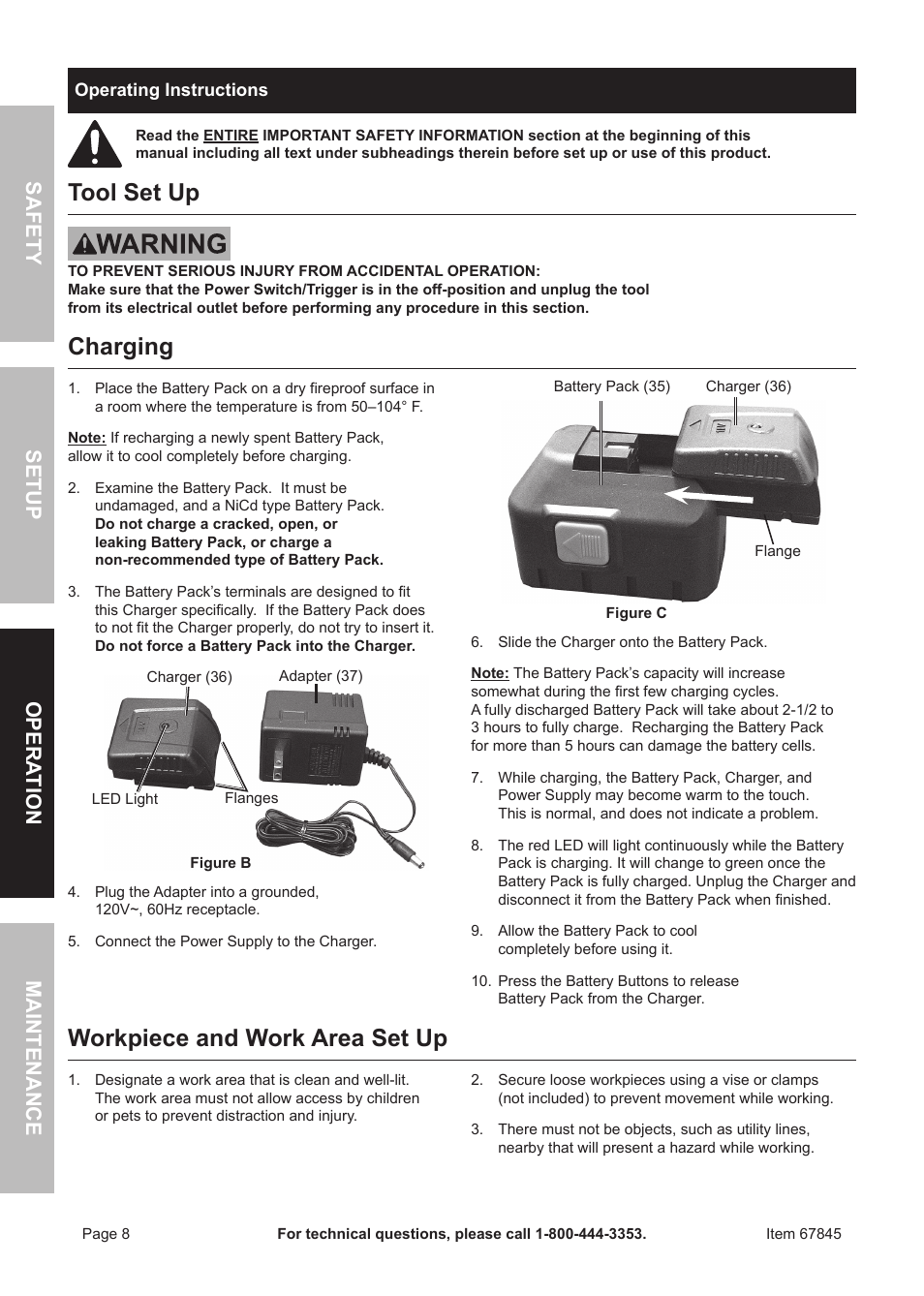 Tool set up, Charging, Workpiece and work area set up | Chicago Electric 67845 User Manual | Page 8 / 16