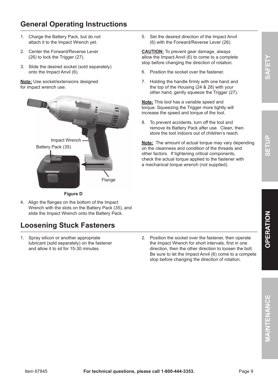 General operating instructions, Loosening stuck fasteners | Chicago Electric 67845 User Manual | Page 9 / 16