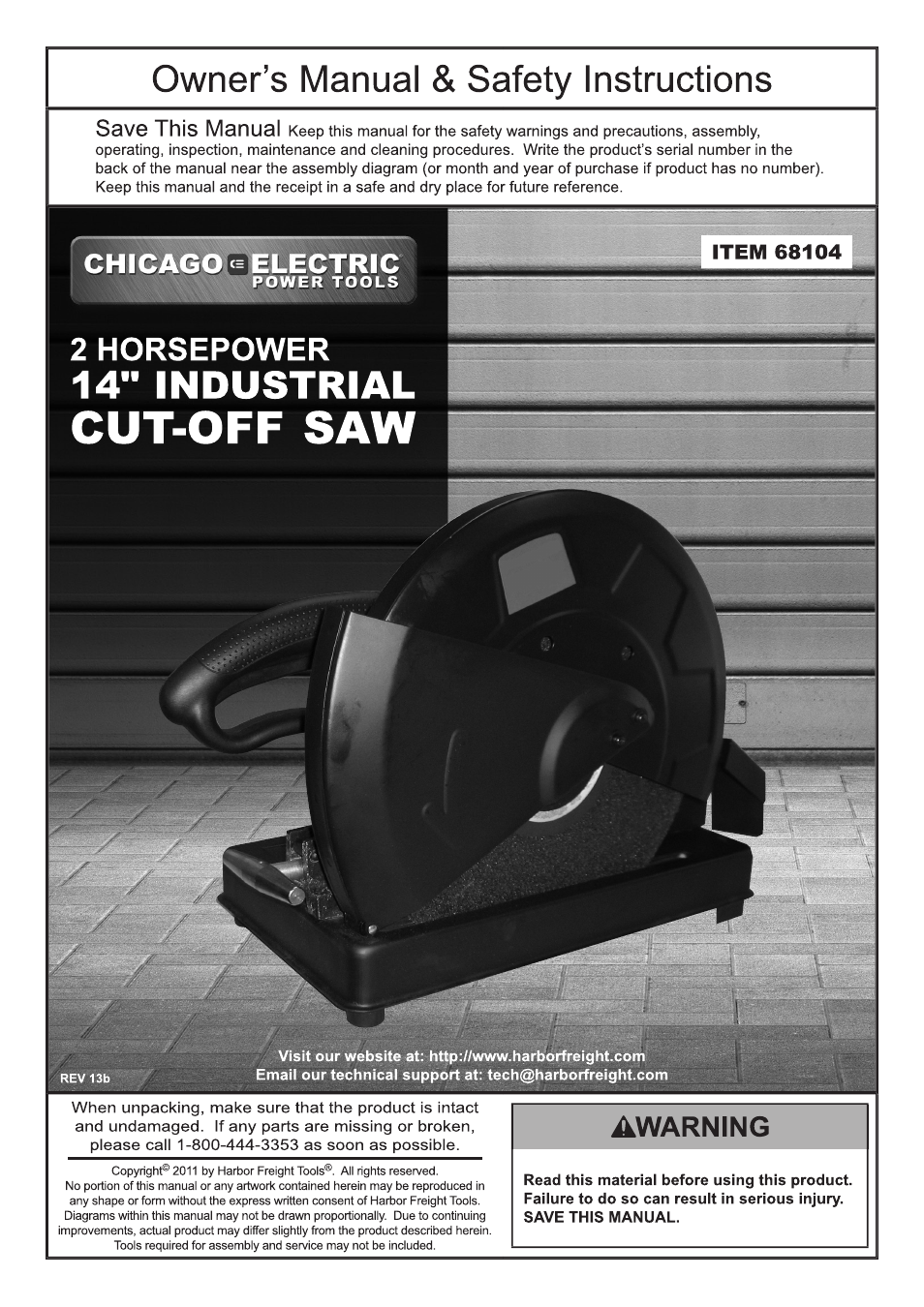 Chicago Electric 14 Industrial Cut-off Saw 68104 User Manual | 12 pages