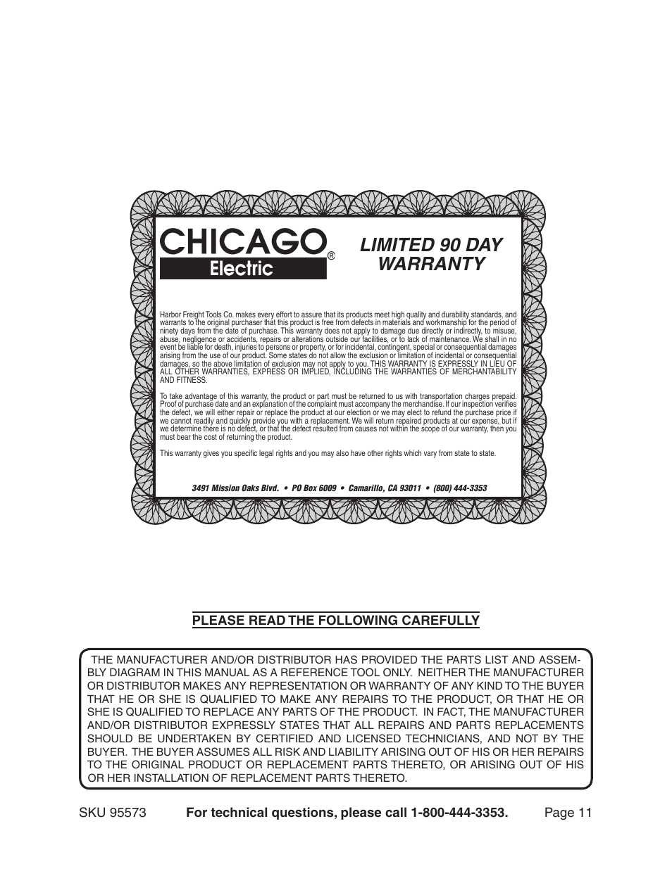 Limited 90 day warranty, Please read the following carefully | Chicago Electric 95573 User Manual | Page 11 / 11