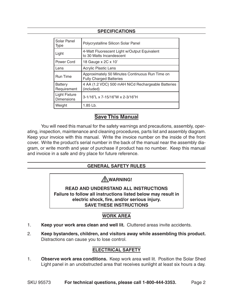 Save this manual | Chicago Electric 95573 User Manual | Page 2 / 11