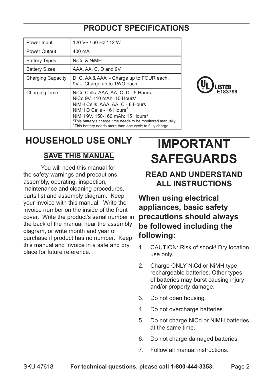 Important safeguards, Household use only, Product specifications | Save this manual | Harbor Freight Tools 47618 User Manual | Page 2 / 5