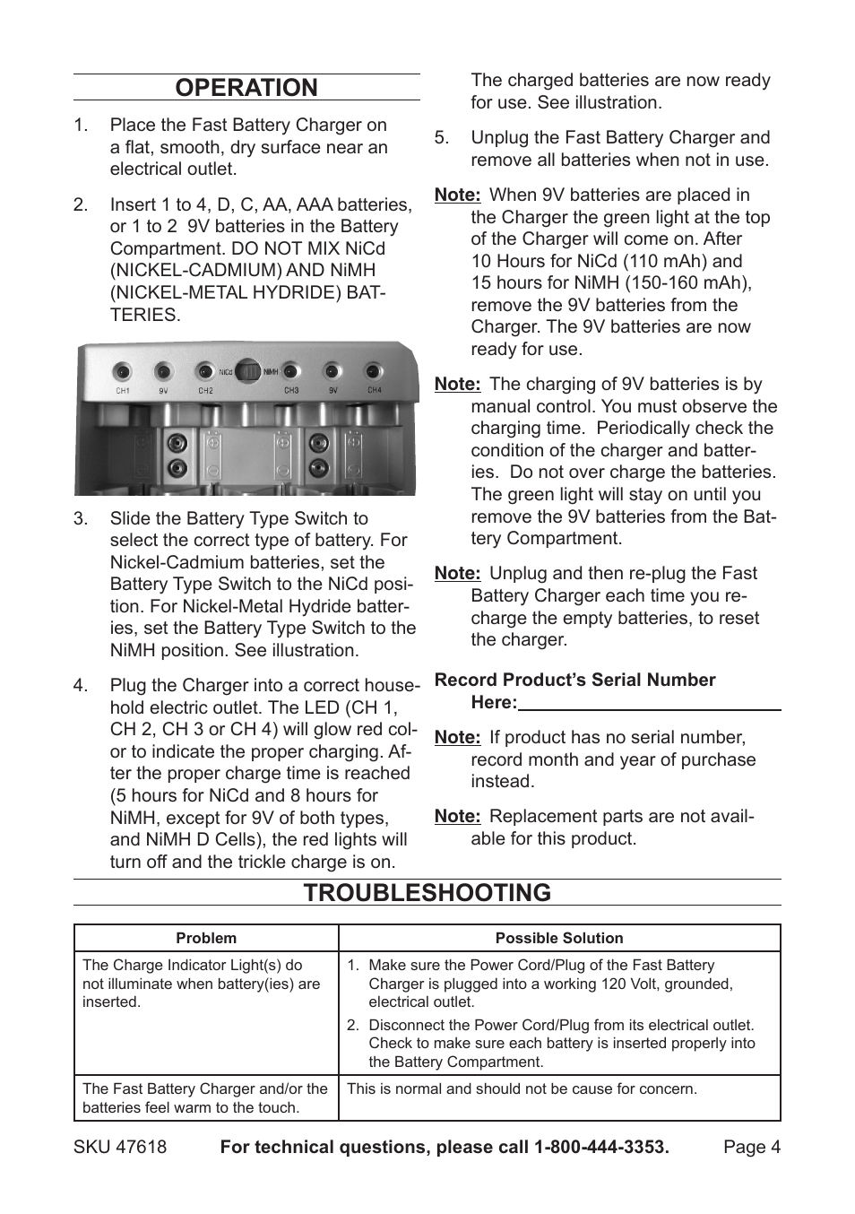 Operation, Troubleshooting | Harbor Freight Tools 47618 User Manual | Page 4 / 5