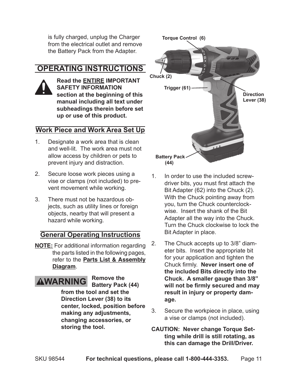 Operating instructions | Chicago Electric HARBOR FREIGHT TOOLS 98544 User Manual | Page 11 / 16