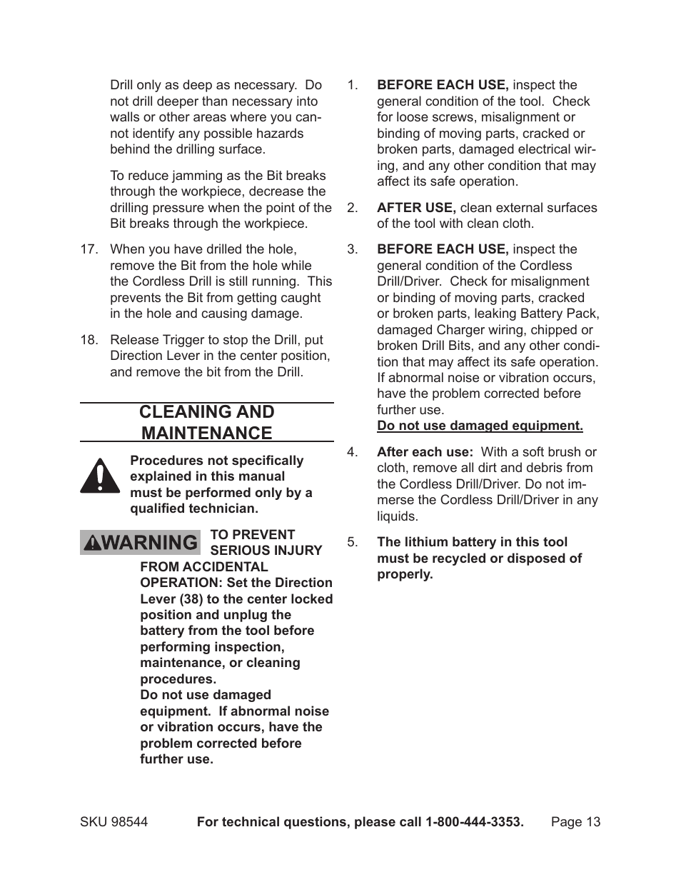 Cleaning and maintenance | Chicago Electric HARBOR FREIGHT TOOLS 98544 User Manual | Page 13 / 16