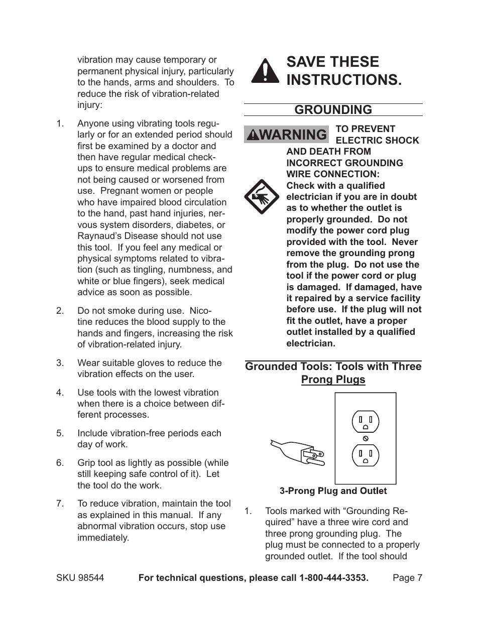 Save these instructions, Grounding | Chicago Electric HARBOR FREIGHT TOOLS 98544 User Manual | Page 7 / 16