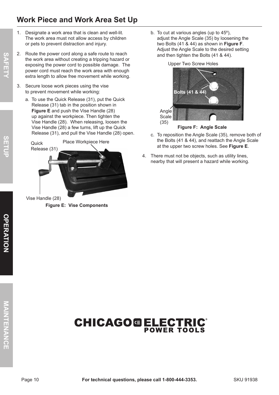 Work piece and work area set up, Safety opera tion maintenance setup | Harbor Freight Tools Chicago 91938 User Manual | Page 10 / 16