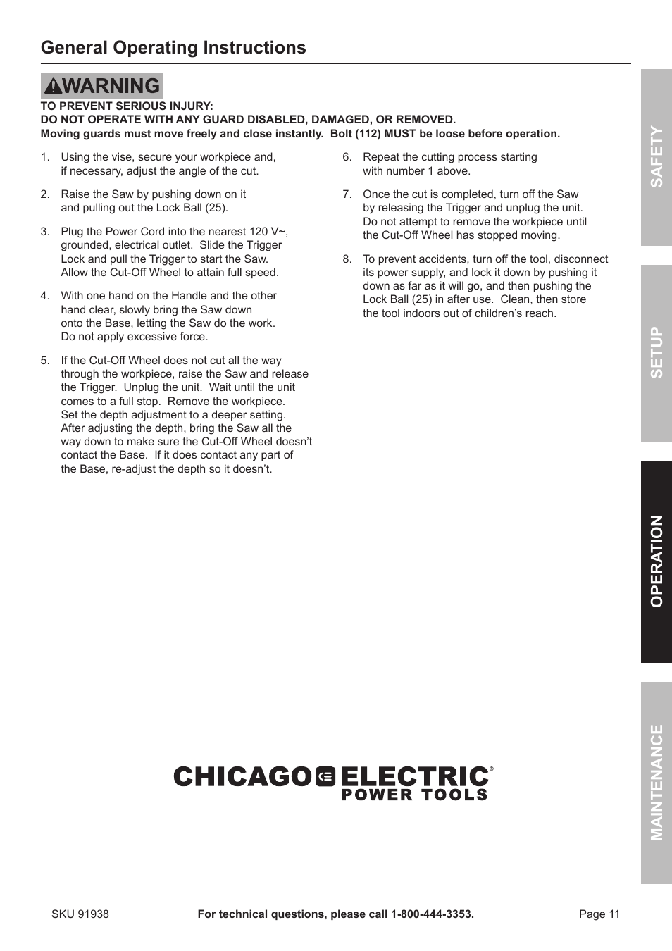 General operating instructions, Safety opera tion maintenance setup | Harbor Freight Tools Chicago 91938 User Manual | Page 11 / 16