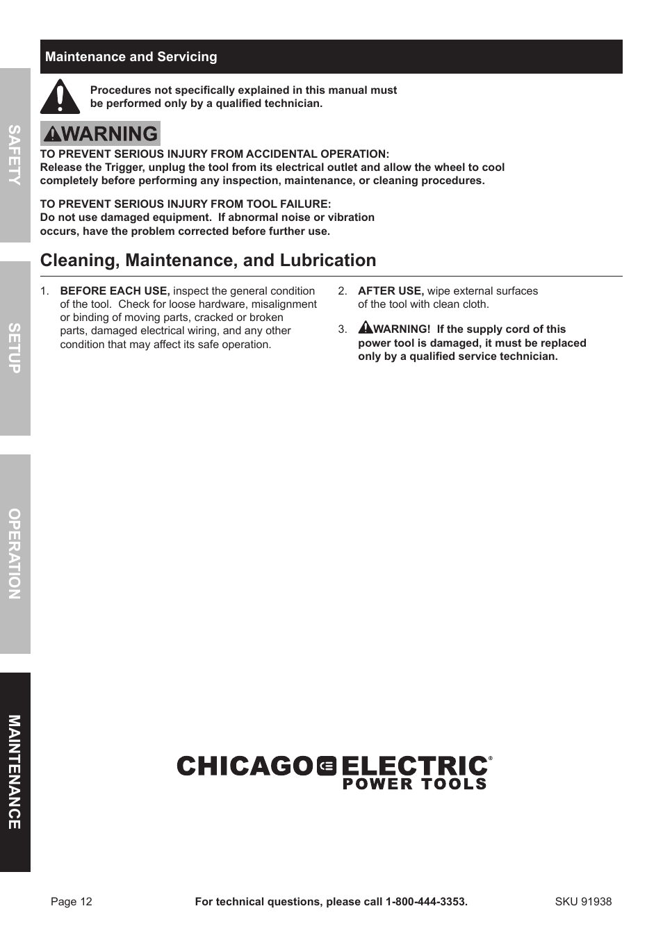 Cleaning, maintenance, and lubrication, Safety opera tion maintenance setup | Harbor Freight Tools Chicago 91938 User Manual | Page 12 / 16