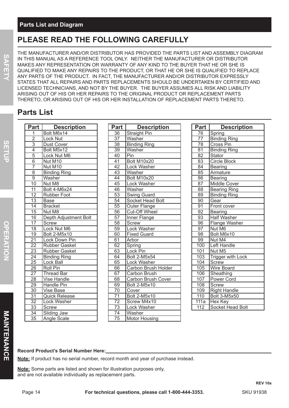 Please read the following carefully, Parts list, Safety opera tion maintenance setup | Harbor Freight Tools Chicago 91938 User Manual | Page 14 / 16