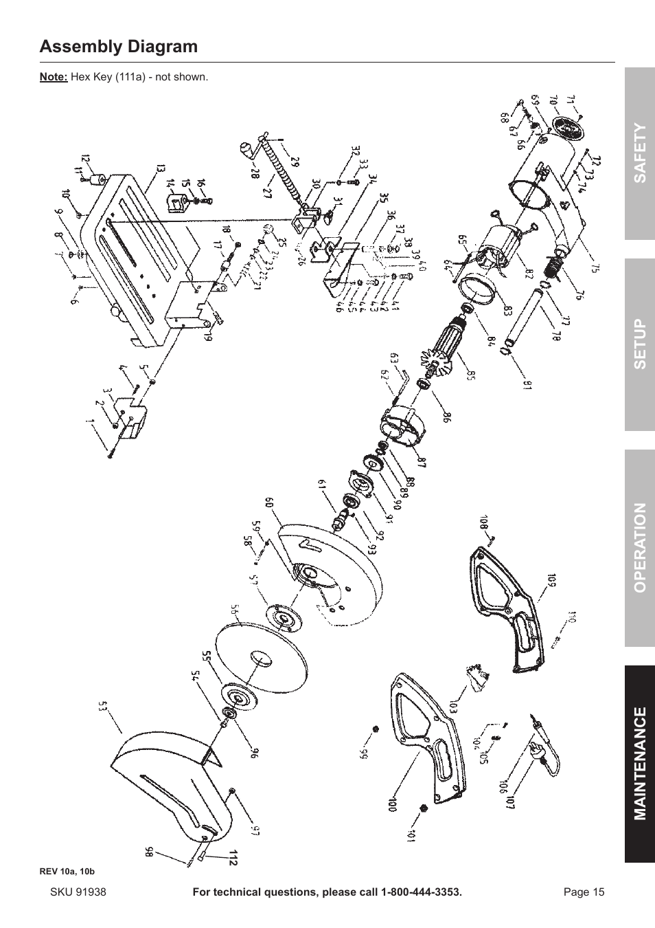 Assembly diagram, Safety opera tion maintenance setup | Harbor Freight Tools Chicago 91938 User Manual | Page 15 / 16