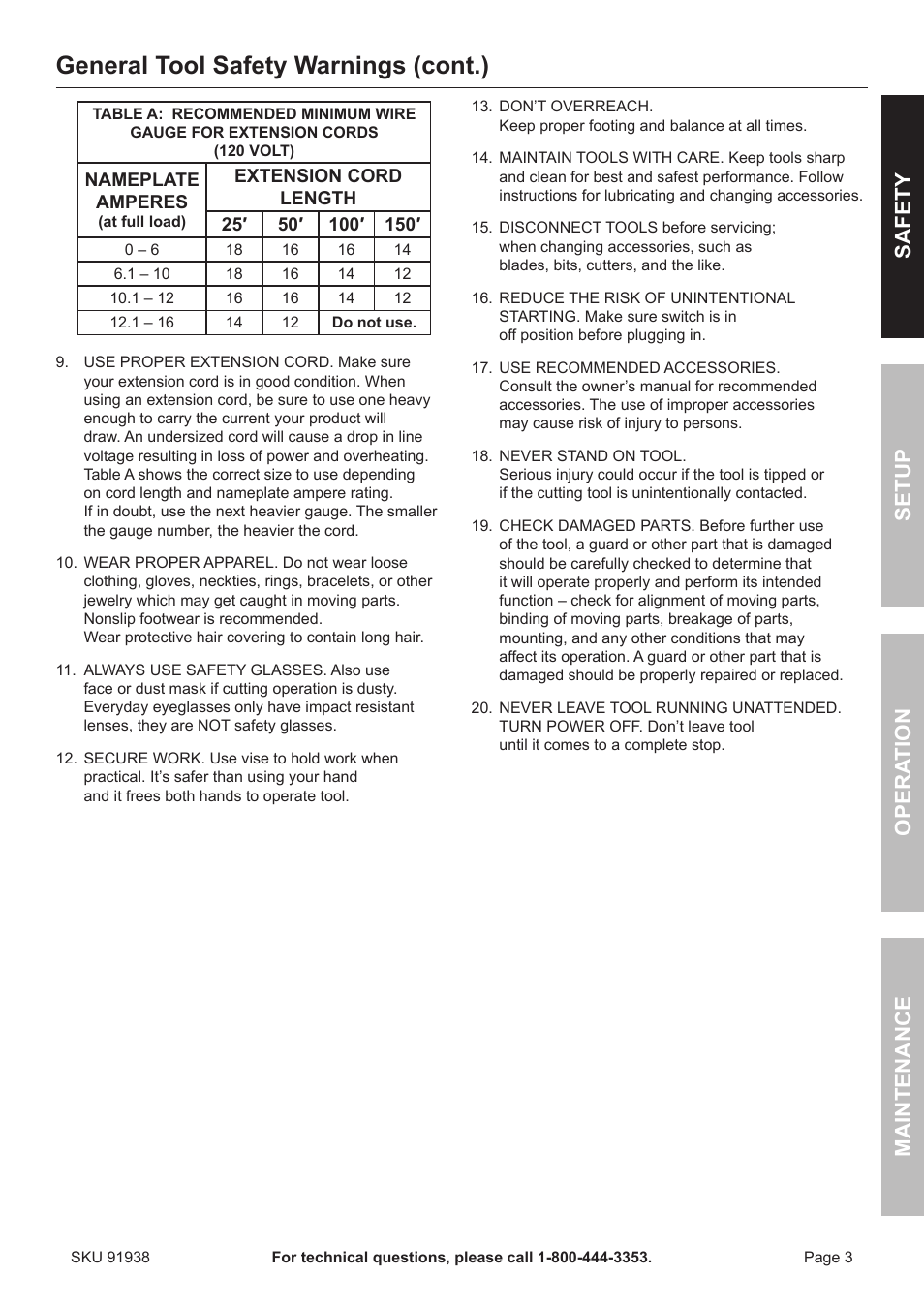 General tool safety warnings (cont.), Safety opera tion maintenance setup | Harbor Freight Tools Chicago 91938 User Manual | Page 3 / 16