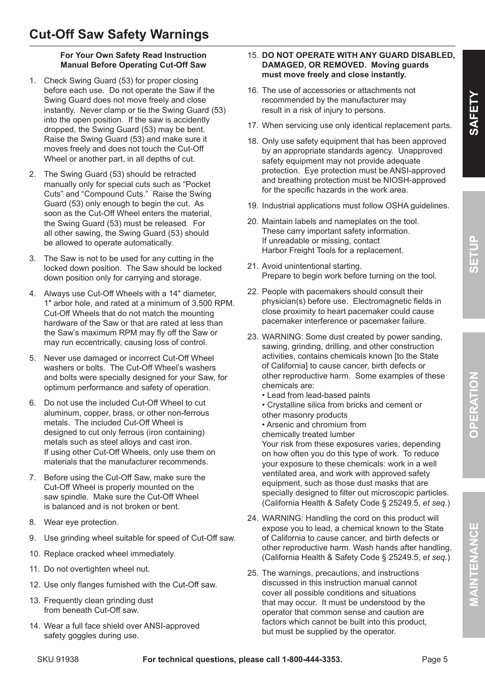 Cut-off saw safety warnings, Safety opera tion maintenance setup | Harbor Freight Tools Chicago 91938 User Manual | Page 5 / 16