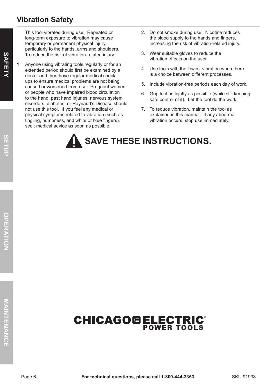 Save these instructions, Vibration safety, Safety opera tion maintenance setup | Harbor Freight Tools Chicago 91938 User Manual | Page 6 / 16