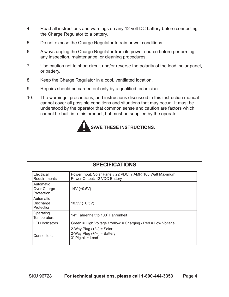 Specifications | Chicago Electric Charge Regulator 96728 User Manual | Page 4 / 7