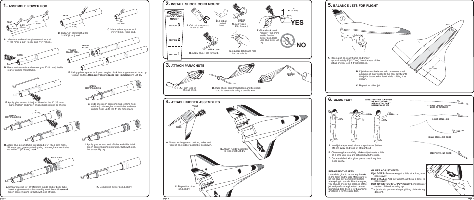 Assemble power pod, Install shock cord mount, Attach parachute | Attach rudder assemblies, Balance jets for flight, Glide test | Estes 1480 – Air Show User Manual | Page 2 / 2
