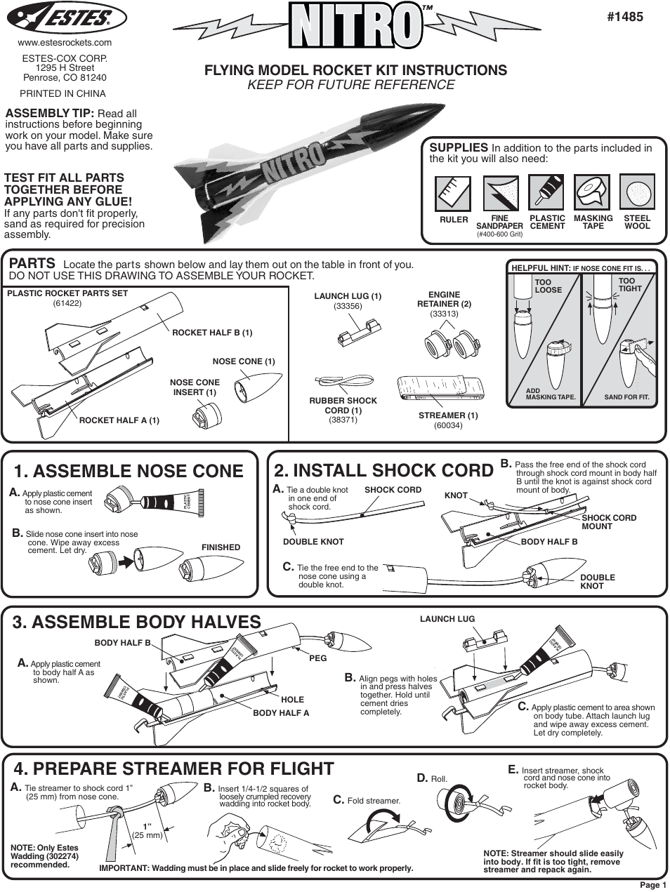 Assemble nose cone, Install shock cord, Assemble body halves | Prepare streamer for flight, Flying model rocket kit instructions, Parts, Keep for future reference, Assembly tip, Supplies | Estes 1485 – Nitro User Manual | Page 2 / 2