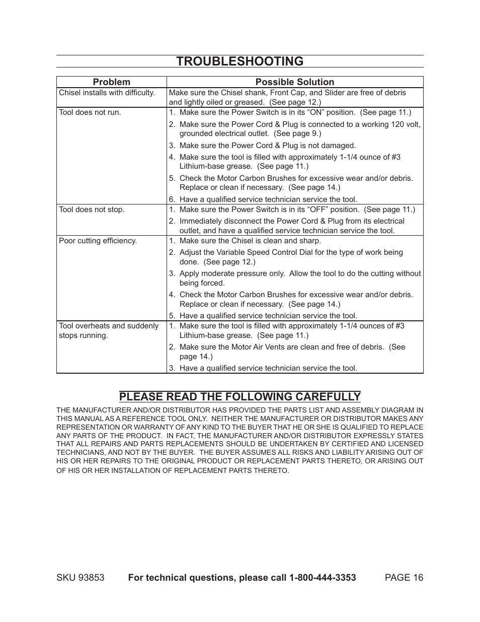 Troubleshooting, Please read the following carefully | Chicago Electric 93853 User Manual | Page 16 / 19