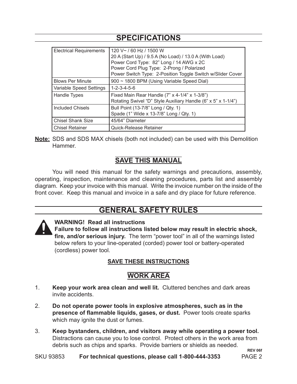 Specifications, General safety rules, Save this manual | Work area | Chicago Electric 93853 User Manual | Page 2 / 19