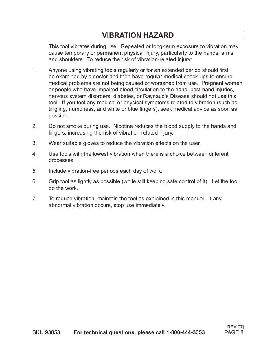 Vibration hazard | Chicago Electric 93853 User Manual | Page 8 / 19