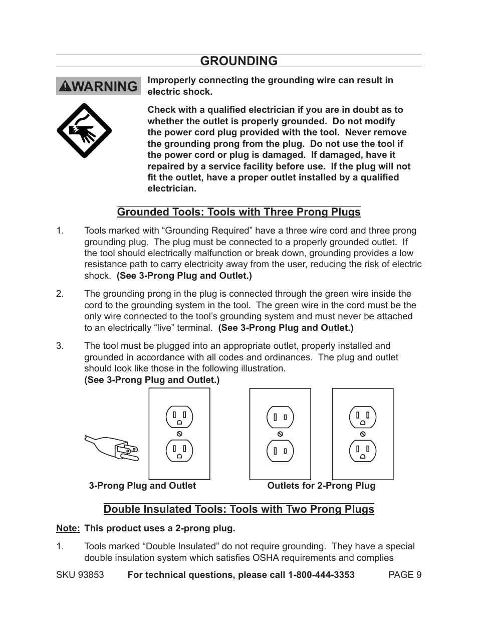 Warning, Grounding | Chicago Electric 93853 User Manual | Page 9 / 19