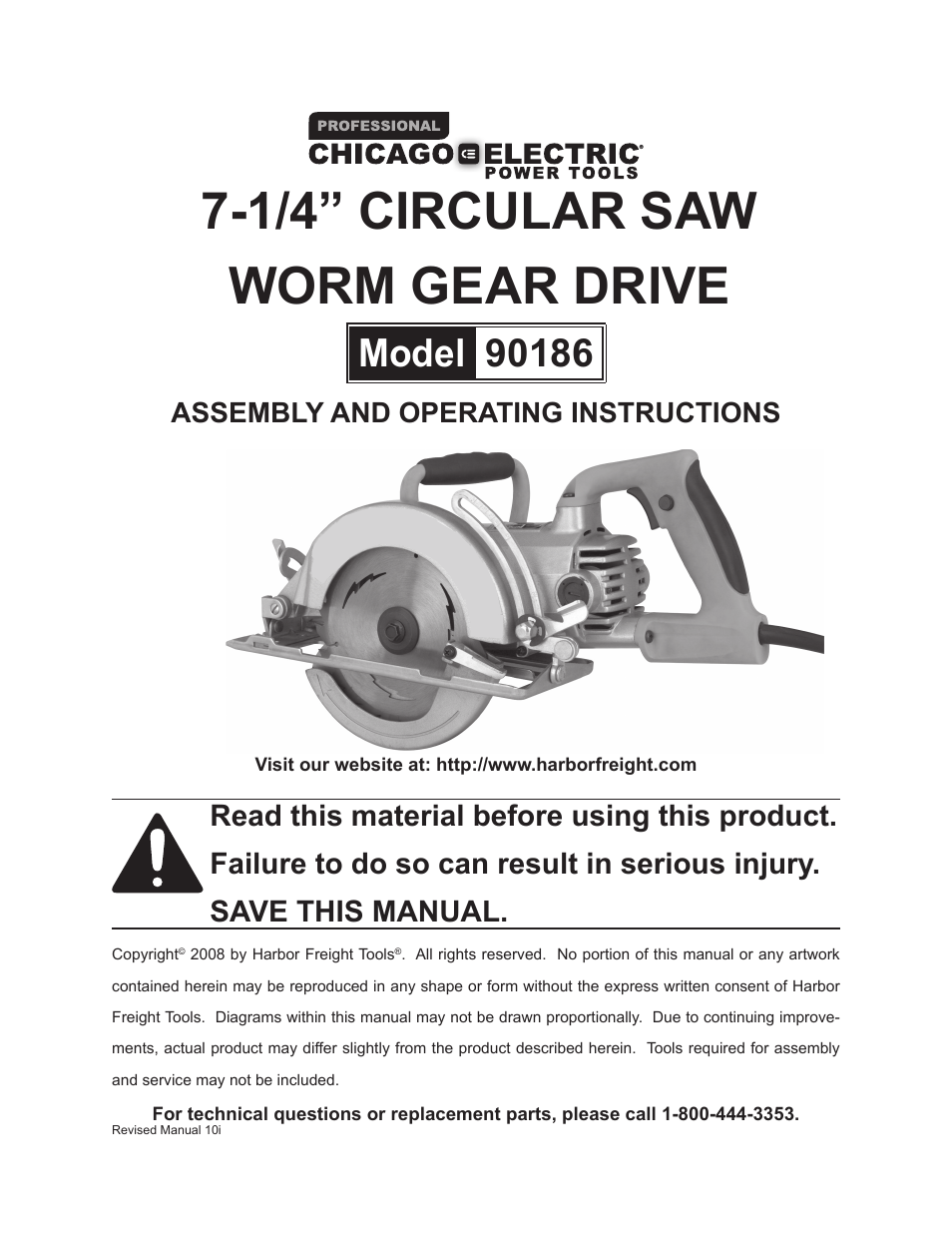 Chicago Electric 7-1/4" Circular Saw Worm Gear Drive 90186 User Manual | 19 pages