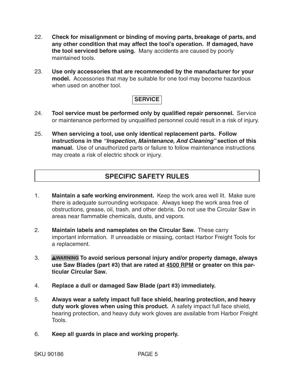 Chicago Electric 7-1/4" Circular Saw Worm Gear Drive 90186 User Manual | Page 5 / 19