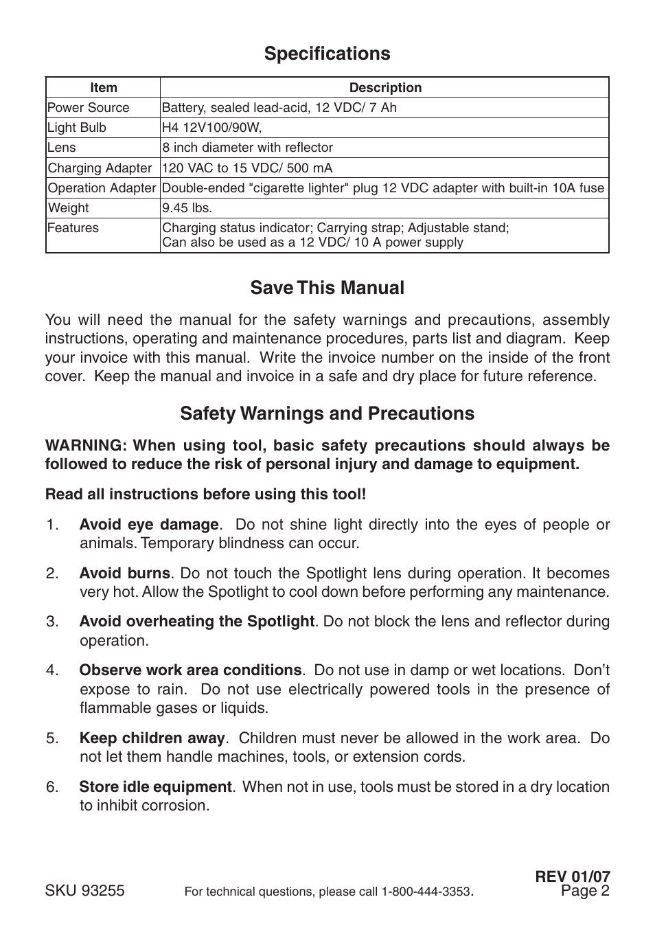 Specifications, Save this manual, Safety warnings and precautions | Chicago Electric CAMARILLO 93255 User Manual | Page 2 / 8