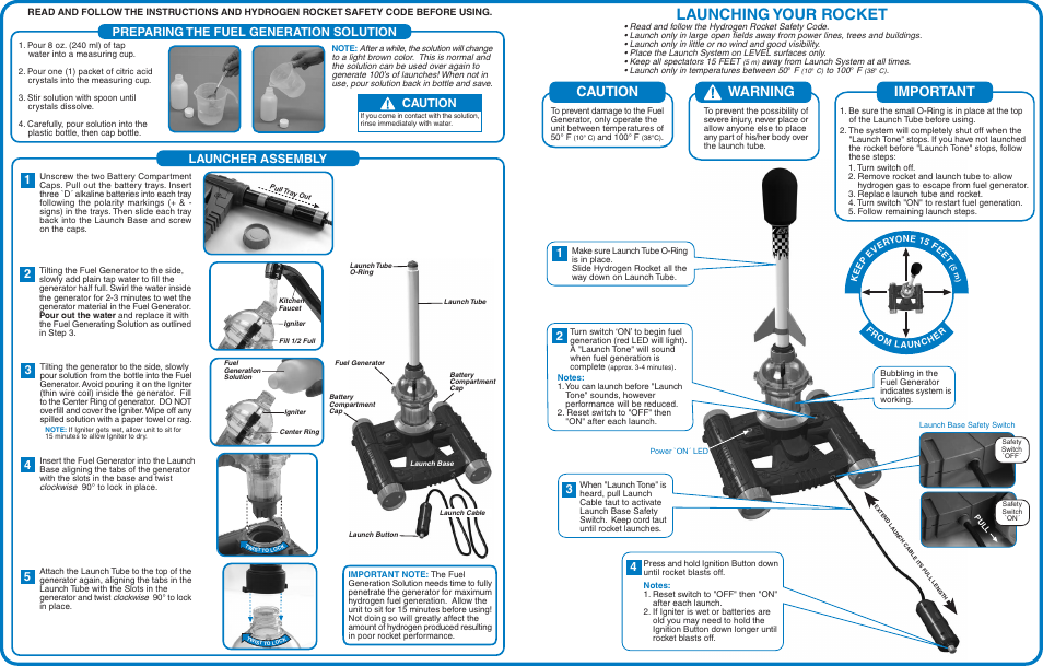 Launching your rocket, Warning, Important | Preparing the fuel generation solution, Caution, Launcher assembly | Estes 1876 – Hydrogen Rocket User Manual | Page 2 / 2