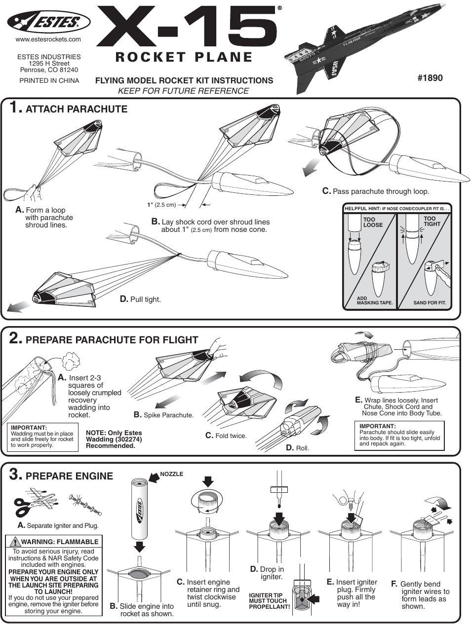 Estes 1890 - X-15 User Manual | 2 pages