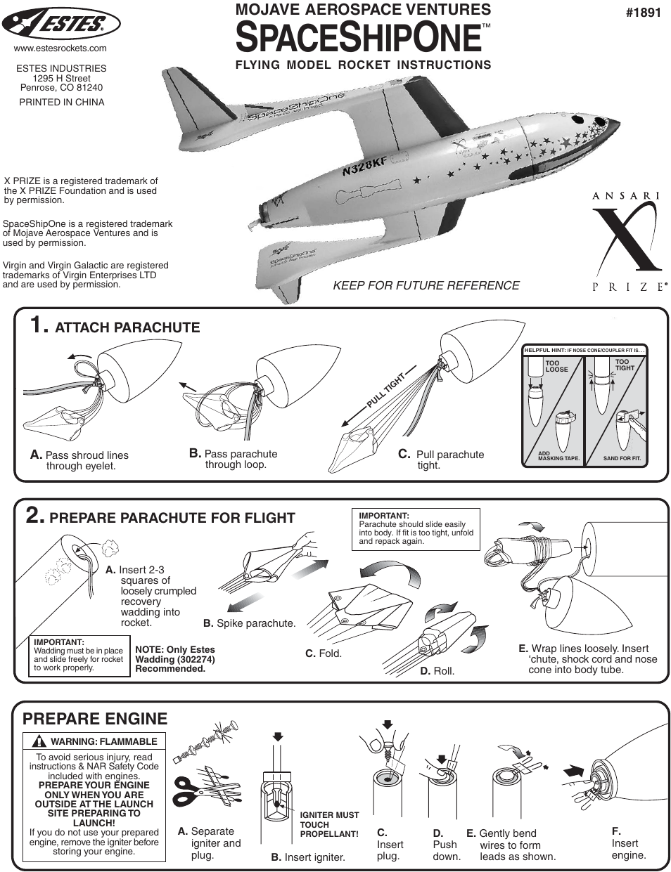 Pace, Prepare engine, Mojave aerospace ventures | Estes 1891 – Space Ship One User Manual | Page 2 / 2