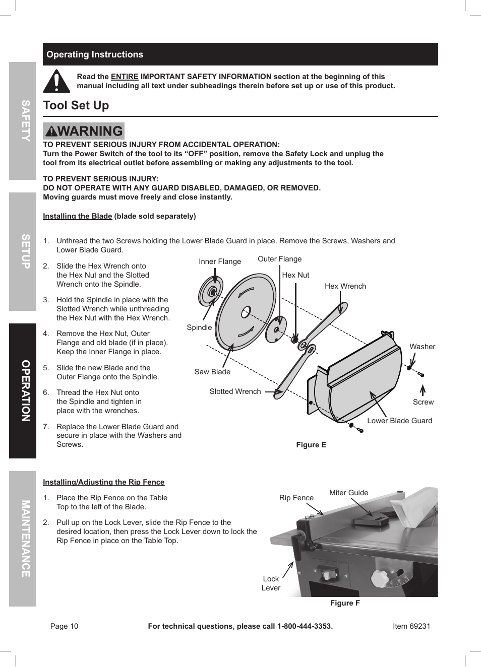 Tool set up, Safety opera tion maintenance setup | Chicago Electric Power Tools / Tile Saw 69231 User Manual | Page 10 / 16