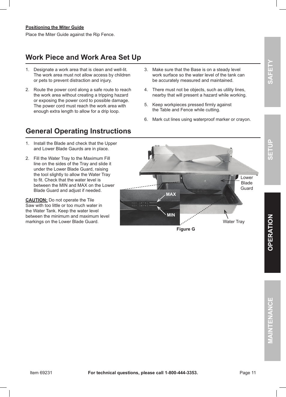 Work piece and work area set up, General operating instructions, Safety opera tion maintenance setup | Chicago Electric Power Tools / Tile Saw 69231 User Manual | Page 11 / 16