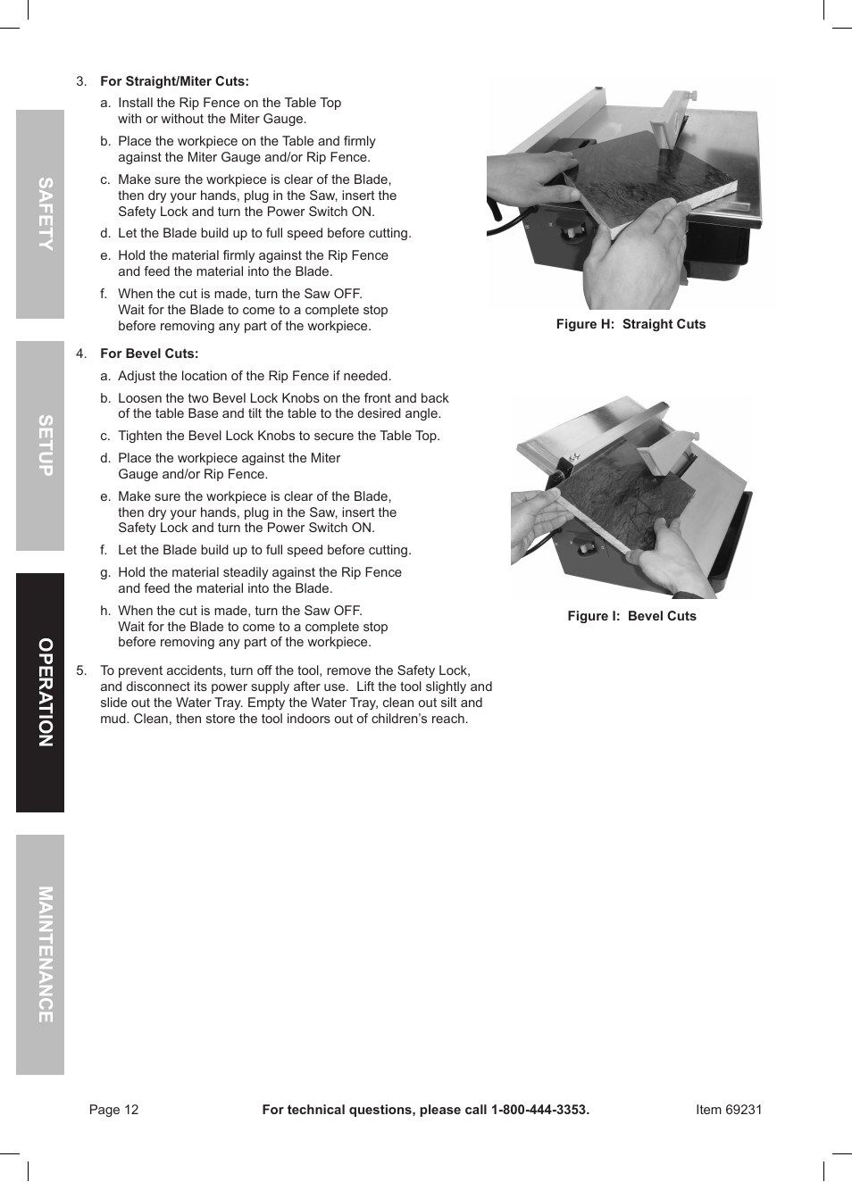 Safety opera tion maintenance setup | Chicago Electric Power Tools / Tile Saw 69231 User Manual | Page 12 / 16