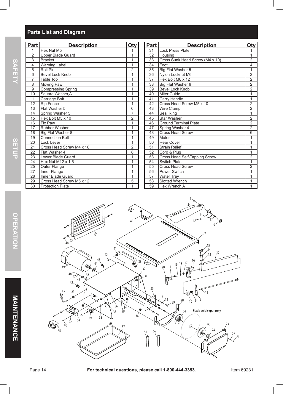 Safety opera tion maintenance setup, Part description qty, Parts list and diagram | Chicago Electric Power Tools / Tile Saw 69231 User Manual | Page 14 / 16