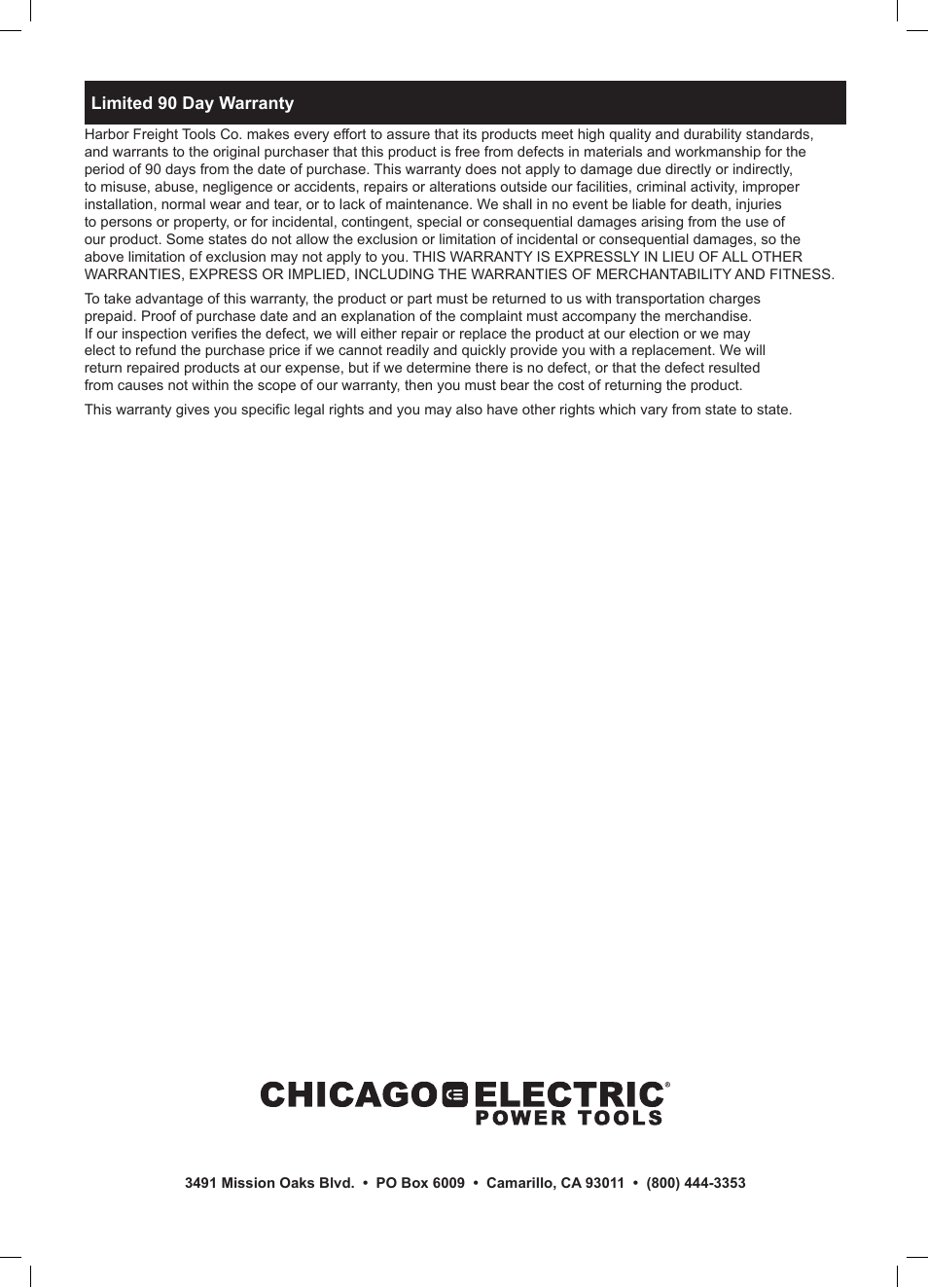 Chicago Electric Power Tools / Tile Saw 69231 User Manual | Page 16 / 16