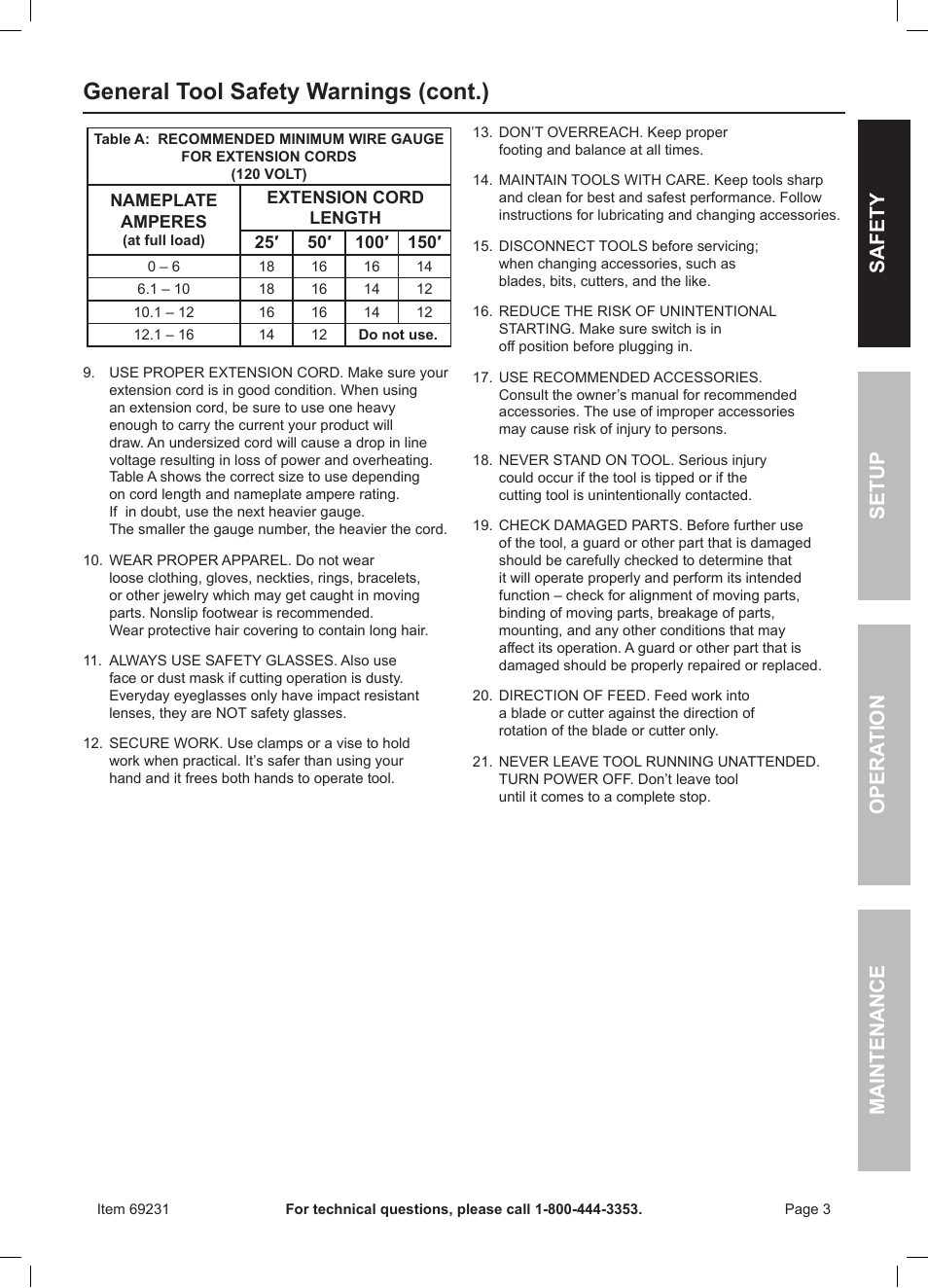 General tool safety warnings (cont.), Safety opera tion maintenance setup | Chicago Electric Power Tools / Tile Saw 69231 User Manual | Page 3 / 16